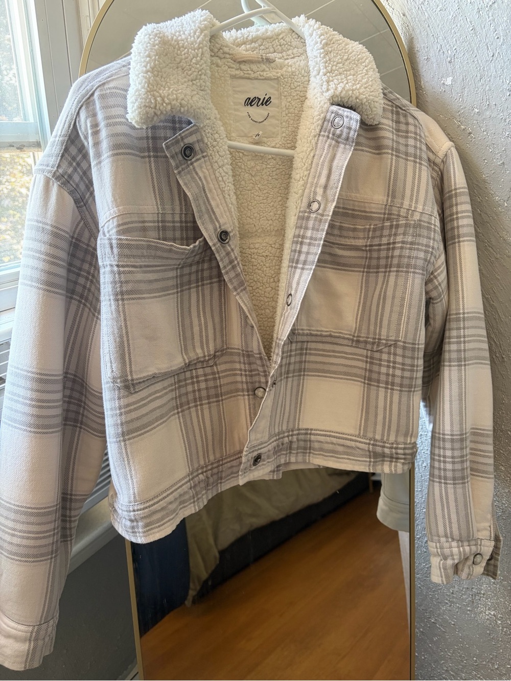 aerie Cream and Light Gray Plaid Sherpa Jacket